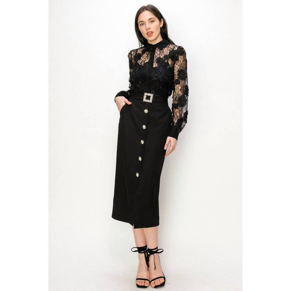 NEW INA FASHION long sleeve 3d floral lace button front blouse in black